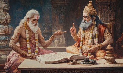 Sage Vyasa dictating the story for Lord Ganesha to write. AI generated illustration.