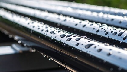 Rain drops on metal railing.