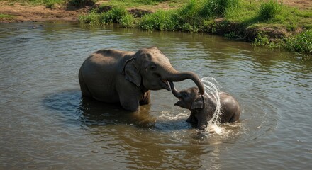 Photo of Elephants Playing in Water with Splash Showing Joyful Wildlife Moment
