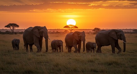 Photo of Elephants Silhouetted at Sunset in African Savanna