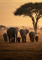 Photo of Elephants Walking Across the Savanna During a Sunset in Africa