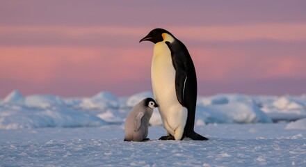Photo Of Emperor Penguin And Chick Standing On The Ice With Pink Sunset Sky Background