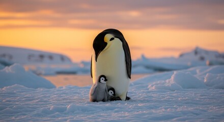 Photo of Emperor Penguin and Chicks on Ice at Sunset in Antarctica