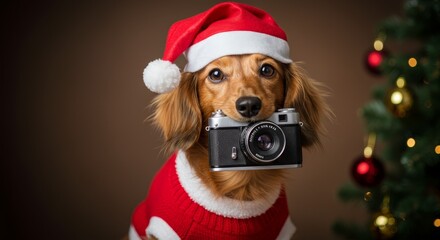 Photo of Festive Dachshund Dog Wearing Santa Hat and Sweater with Camera
