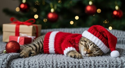 Photo of Festive Sleeping Cat Wearing Santa Hat and Christmas Sweater