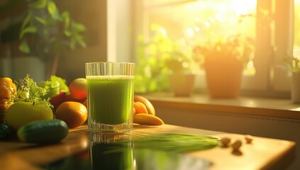 Green smoothie in glass, sunlight through window, fresh produce