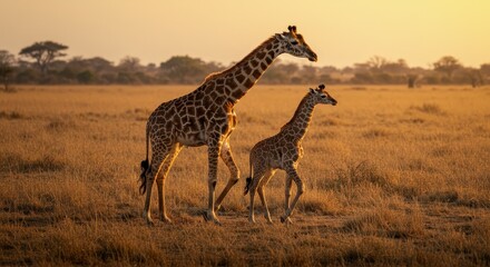 Obraz premium Photo of Giraffes Walking Across Savanna at Sunset in Golden Light