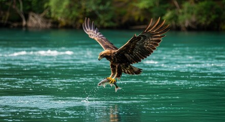Photo Of Golden Eagle Capturing Fish Above Turquoise Water With Wings Spread Wide