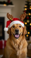 Photo Of Golden Retriever Dog Wearing Santa Hat and Reindeer Antlers