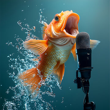 Fish singing into microphone in water, fun concept