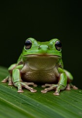 Obraz premium Photo of Green Frog Sitting on Leaf Against Dark Background