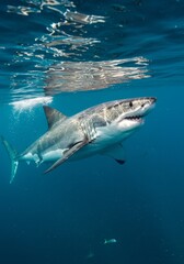 Fototapeta premium Photo of Great White Shark Swimming Underwater in Deep Blue Ocean