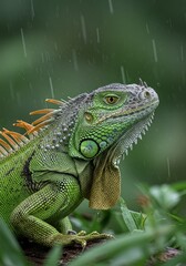 Obraz premium Photo of Green Iguana in the Rain with Detailed Scales in the Nature