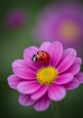 Photo of Ladybug on Pink Flower with Yellow Center and Bokeh Background
