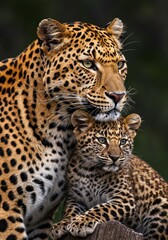 Obraz premium Photo of Leopard and Cub with Golden Fur in Natural Habitat