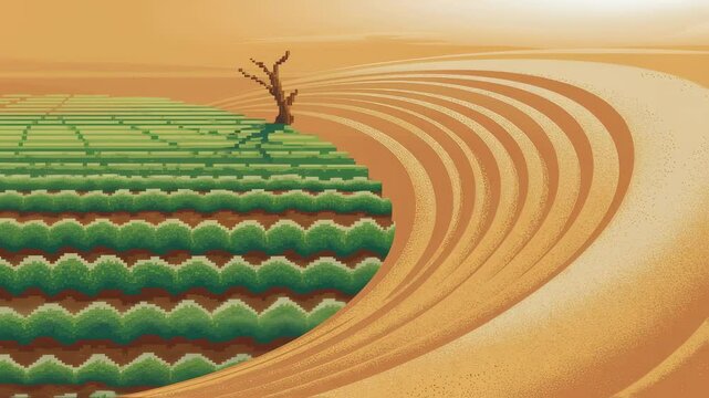 Lush green oasis with cultivated fields and a lonely tree is progressively covered by the steady, inexorable advance of desert sand dunes, symbolizing desertification