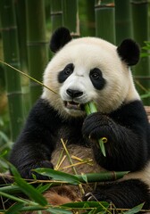Photo of Panda Eating Bamboo in Green Bamboo Forest Black and White Portrait