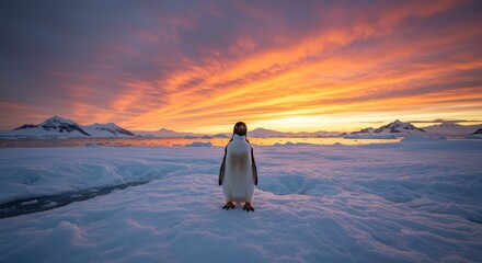 Photo of Penguin Standing on Ice with Dramatic Sunset and Orange Sky Backdrop