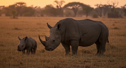 Fototapeta premium Photo of Rhinoceros Mother And Calf Standing On The Field In The Sunset