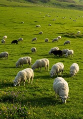 Obraz premium Photo of Sheep Grazing on Green Field with Sunlight in Rural Area