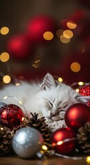 Obraz premium Photo of Sleeping White Kitten Surrounded by Christmas Ornaments Lights
