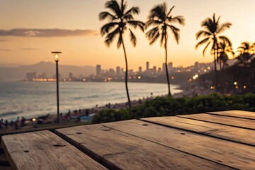 Beautiful beach scenery with palm trees and city lights during sunset viewed from a wooden table