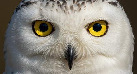 Photo Of Snowy Owl Head Close Up Showing White Feathers And Yellow Eyes