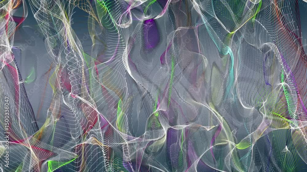 Poster fantastic video animation with particle wave object in slow motion, 4096x2304 loop 4k