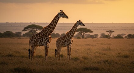 Photo of Two Giraffes Silhouetted Against a Golden Sunset in the African Savanna