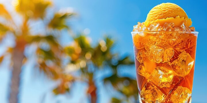Bevanda ghiacciata con gelato all'arancia e palme sfocate sullo sfondo