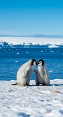 Fototapeta premium Photo of Two Young Penguins Kissing on Snowy Shoreline Against Blue Sea