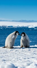 Fototapeta premium Photo Of Two Young Penguins On Snow In Antarctica With Blue Sky