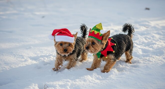 Photo of Two Yorkshire Terriers Wearing Christmas Hats in the Snow - Powered by Adobe
