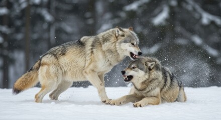 Obraz premium Photo of Wolves Interacting During Winter in a Snowy Forest Setting