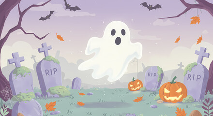 Spooky Halloween Ghost in a Graveyard Scene