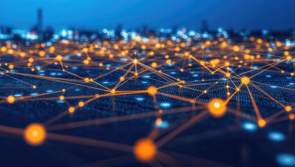 Abstract network of glowing points and lines.  City lights in soft focus background