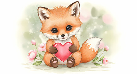 Fototapeta premium Cute fox holding a heart among spring blossoms