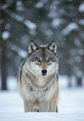 Obraz premium Photo Portrait of a Grey Wolf in Snowfall in the Winter Forest Outdoors
