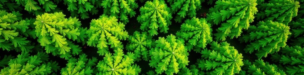 Overhead shot, vibrant green canopy, young trees, springtime, woodland