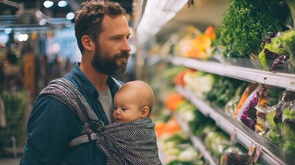 Caring Father and Baby Bond While Thoughtfully Shopping for Fresh Groceries in a Supermarket