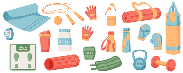 Flat sport equipment set background. Gym accessories including dumbbell, kettlebell, mat, and other training tools. Fitness and workout gear for healthy lifestyle exercise routines. Professional,