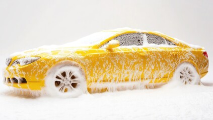 Yellow car covered in sudsy car wash foam
