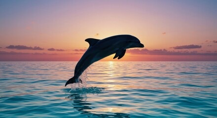 Fototapeta premium Pixelated Dolphin Jumping Out Of Water At Sunset Ocean Scenery Photo