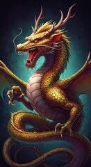 Fototapeta premium Pixelated Dragon Fantasy Illustration in Gold with Red Accents and Green Background