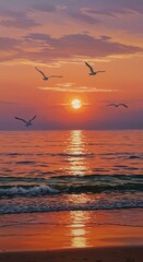Naklejka premium Pixelated Sunset Scene Over Ocean With Birds Photo Illustration