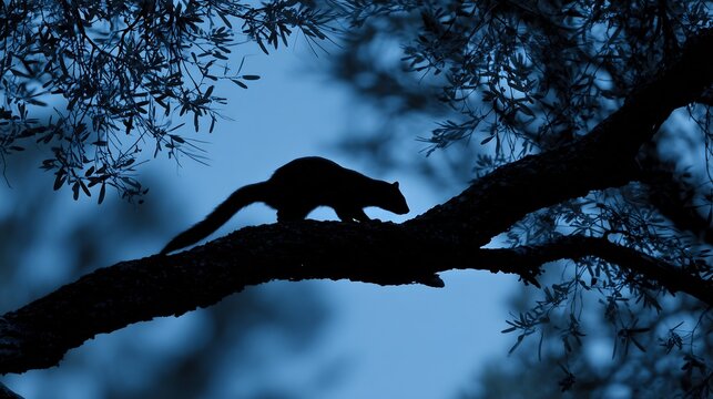 Silhouette of genette Genetta genetta creeping on a tree limb in moonlight Mediterranean forest backdrop clean shadows