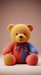 Realistic Photo of a Colorful Teddy Bear Sitting on a Soft Pink Background