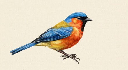 Realistic Photo of Colorful Bird with Blue Orange and Yellow Feathers Isolated on Canvas