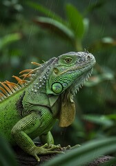 Fototapeta premium Realistic Photo of Green Iguana in the Rain with Lush Green Background
