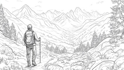 Hiking sketch of a man in mountains